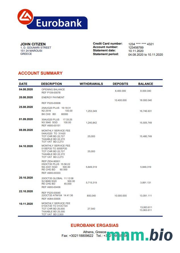 Grecja Eurobank Ergasias wyciąg bankowy łatwy do wypełnienia szablon w formacie Excel i PDF